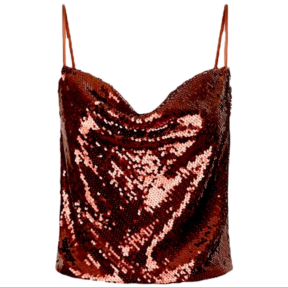 Shona Joy x Free People Zaida 4 Sm Brown Red Allover Sequin Cowl Neck Cami Tank